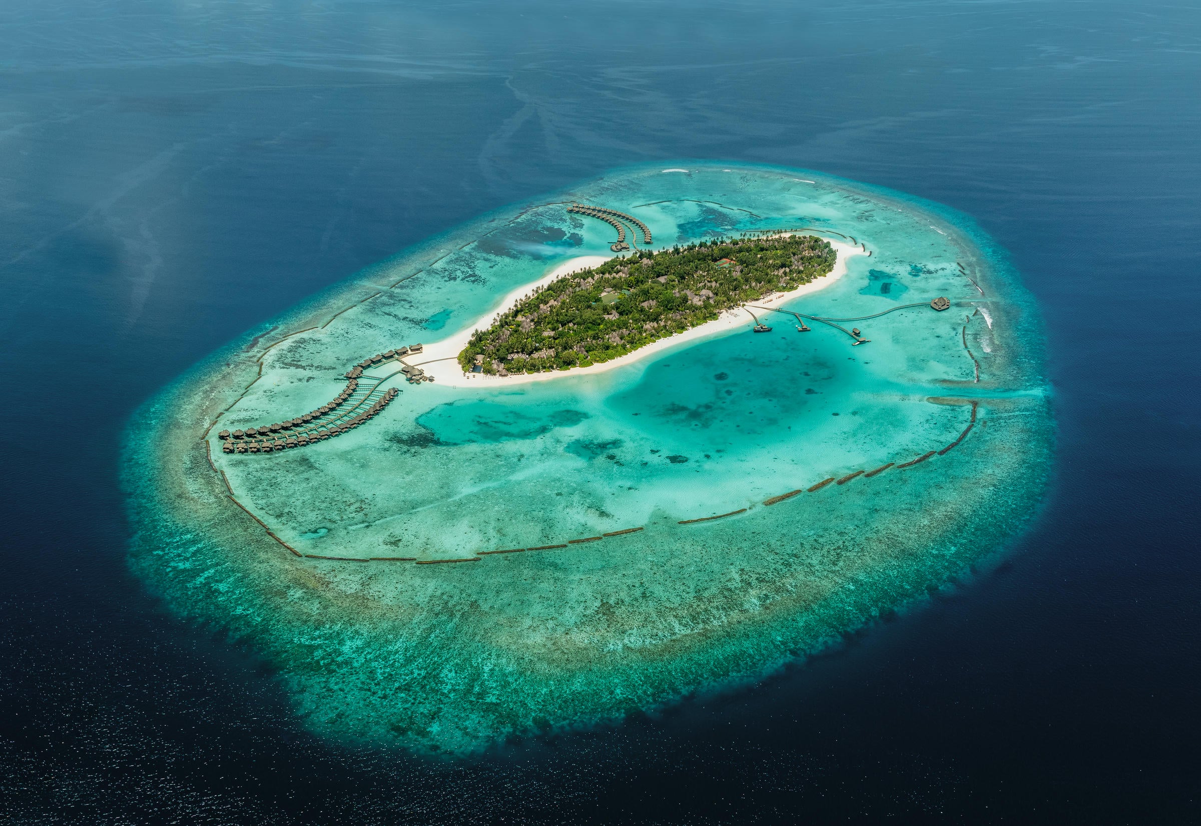 Aerial view of Sun Siyam Iru Fushi Maldives in Noonu Atoll, private island and lagoon
